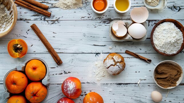 Overhead Flat Lay of Ingredients for Persimmon Muffins on a Light Oak Wood Background, Recipe Card Aesthetic