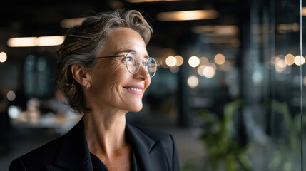Confident mature business woman leader smiling while looking away modern corporate office. Professional success and thoughtful vision for career