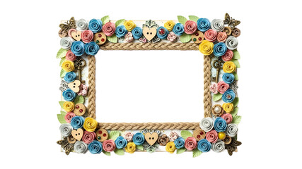 Rustic rope photo frame decorated with colorful handmade flowers and craft elements isolated on white