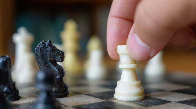Close up of hand moving chess piece on board. player shows intense focus and concentration during strategy game in tournament