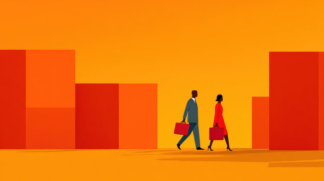Purposeful business man and woman walking past vibrant orange abstract background of giant gift boxes. Professional corporate illustration