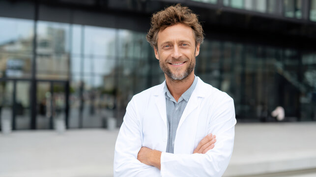 Confident handsome male doctor smiling outside modern hospital. professional man in white coat with arms crossed looking at camera
