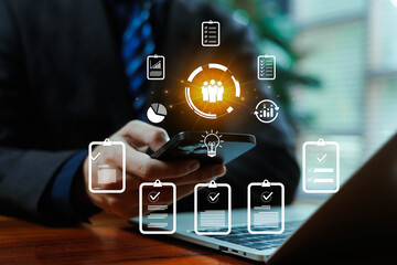 A businessman using a smartphone with digital management icons, illustrating workflow organization, team collaboration, productivity tracking, and modern business solutions.