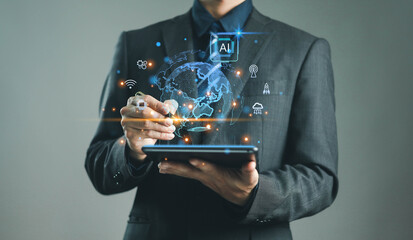 A businessman using a digital tablet with AI and global technology icons, illustrating innovation, data intelligence, and futuristic digital transformation in modern business solutions.