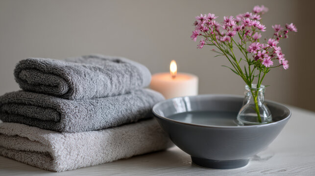Serene spa scene with relaxing lit candle, soft towel, bowl of water, and flower. peaceful wellness concept for aromatherapy and beauty