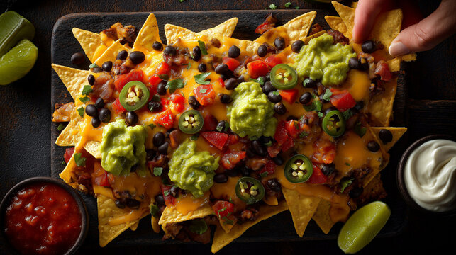 nachos piled high with melted cheese, jalapeño slices, salsa, black beans, guacamole, sour cream, bold vibrant colors