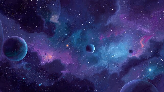 Celestial Canvas: A mesmerizing panorama of the cosmos unfolds, displaying vibrant nebulas and distant planets. The artwork captures the vastness of space.