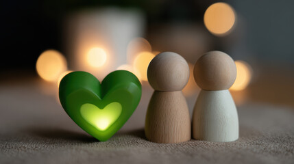 Romantic wooden couple figure showing love and togetherness. glowing green heart light symbolizes their connection, warmth, and deep romance