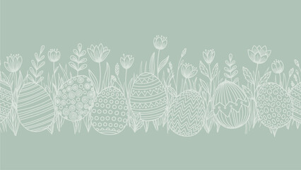 Elegant Pastel Teal Easter Eggs & Wildflowers Seamless Bann