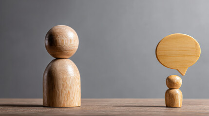 Wooden figure with speech bubble expresses an idea in minimalist concept of communication and dialogue. simple, thoughtful conversation