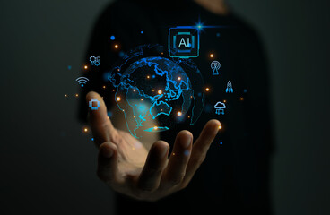 Futuristic AI technology concept showing a glowing digital globe floating above a hand, representing global connectivity, smart data processing, innovation, and advanced digital transformation.