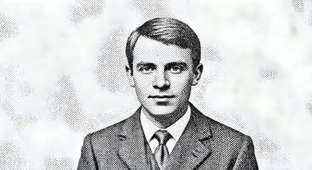 Vintage Black and White Portrait Illustration of a Young Man in a Suit and Tie