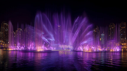 the large square frame stands on the water surface, with purple-lit fountains in front of it. the wide-angle lens captures a spectacular scene of the fountain show at night