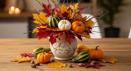 Autumn vase with dried leaves and small pumpkins on wooden table 79742466 1