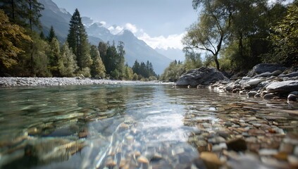 Split level view of an extremely clear mountain river showing the surface and riverbed with pebbles and rocks and surrounding forest and mountains