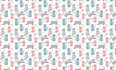 Fototapeta premium Pastel cute cartoon cats seamless pattern for children's designs.