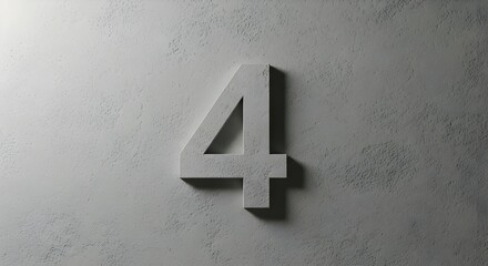 Concrete Stone Textured Number 4 Embedded in Light Gray Wall with Dramatic Shadow