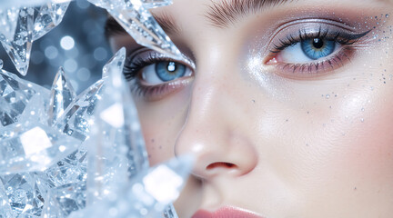 A close-up portrait of a woman with icy blue eyes and winter makeup. Fantasy beauty look with silver glitter and crystals for the holidays