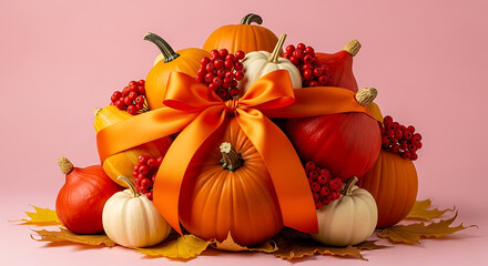 Autumnal pumpkin arrangement with orange ribbon and berries on pink background for festive decor 31918434 1