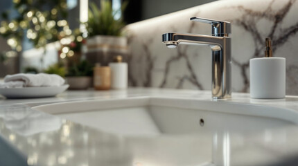 Close-up of a luxury hotel marble sink and faucet for advertising.