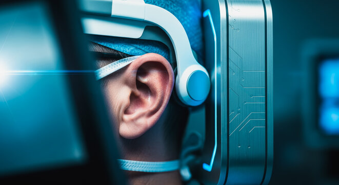 Exploring the world of immersive experience, a person wearing a futuristic VR headset, a mesmerizing close-up view with a person lost in digital space.