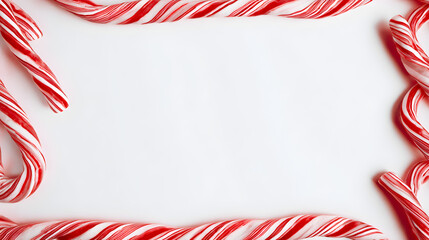 Obraz premium Minimal candy cane red stripes forming frame on clean white holiday background, center clear 
