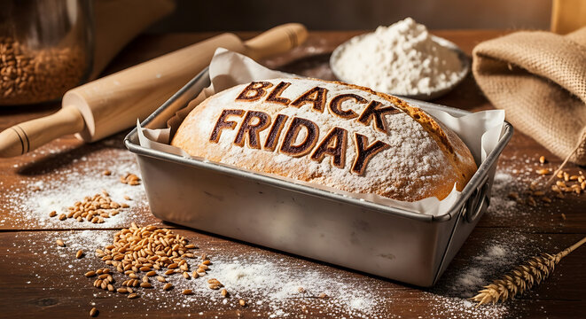 Bakery loaf baked with Black Friday text in pan surrounded by rolling pin and flour for holiday shop 36415600 1 - Powered by Adobe