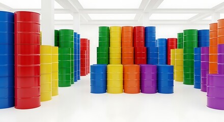 Colorful oil drums storage industrial barrels containers fuel petroleum chemical warehouse stock