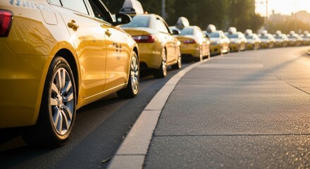 Long line of yellow taxis on urban street at golden hour
