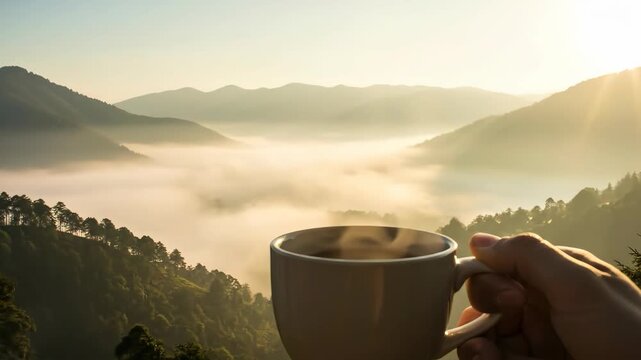 Morning coffee overlooking majestic mountain sunrise with misty valleys - Powered by Adobe