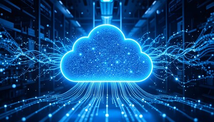 Futuristic 3D data flow from server storage to glowing blue cloud icon, neon particle streams, volumetric lighting, ultra-clean corporate technology concept, symmetrical digital infrastructure render
