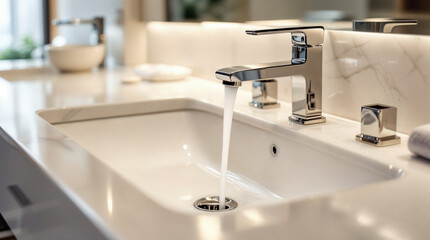 Close-up of a luxury hotel marble sink and faucet for advertising.