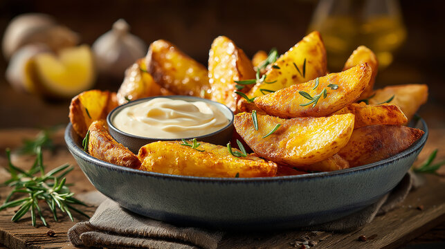 crispy golden potato wedges sprinkled with herbs, crunchy edges, served with garlic mayonnaise dip in a ceramic bowl