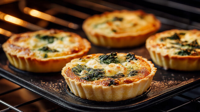 freshly baked mini quiches with golden crust, soft creamy center, spinach and cheese filling, placed on a baking tray