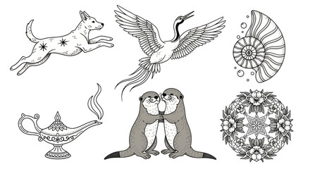Charming monochromatic collection of whimsically drawn animals and fantasy objects ideal