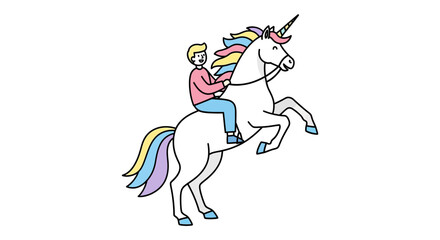 Fototapeta premium Whimsical journey: A man rides a rearing unicorn with a rainbow mane and tail