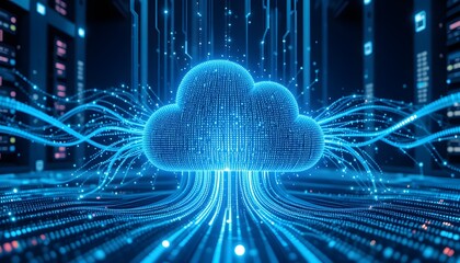 Futuristic 3D data flow from server storage to glowing blue cloud icon, neon particle streams, volumetric lighting, ultra-clean corporate technology concept, symmetrical digital infrastructure render