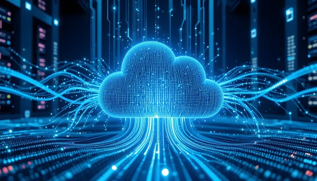 Futuristic 3D data flow from server storage to glowing blue cloud icon, neon particle streams, volumetric lighting, ultra-clean corporate technology concept, symmetrical digital infrastructure render