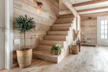 Welcoming Entrance Hall Decor in Scandinavian Rustic Style with Wooden Stairway