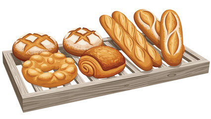 Freshly baked bread assortment on rustic wooden display rack, perfect for bakery menus and food blog posts, inviting and delicious