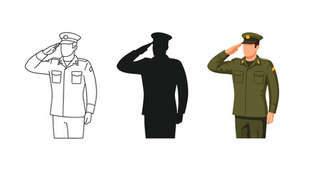 Three styles of a soldier saluting outline, silhouette, and full color illustration