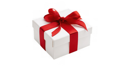 A white gift box with a red ribbon isolated on transparent background