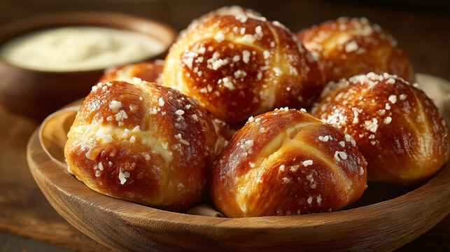 warm soft pretzel bites, baked golden-brown, stuffed with jalape&ntilde;o and cheddar, coarse salt flakes on top, served with cheesy dip