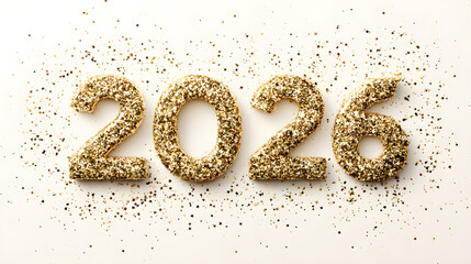 Minimal New Year 2026 gold typography with sparkles on clean white background, central space empty 