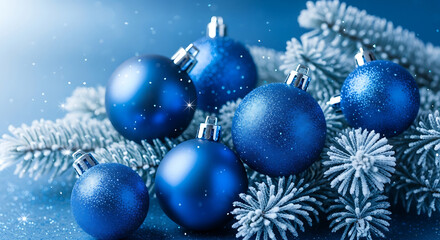 Blue Christmas ornaments on frosted pine branches with glitter on a cool blue background 74273842 1