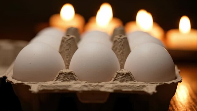 A serene close-up captures a dozen fresh white eggs nestled in a natural, rustic cardboard carton. The scene is beautifully illuminated by the soft, warm glow of blurred background lights, creating an
