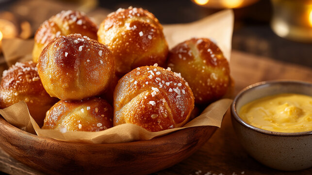 warm soft pretzel bites, baked golden-brown, stuffed with jalape&ntilde;o and cheddar, coarse salt flakes on top, served with cheesy dip