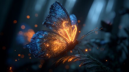Luminescent butterfly glows orange against dark fern & forest backdrop