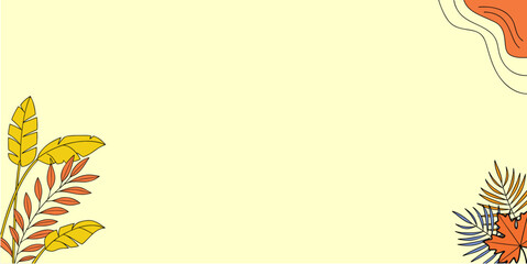 Minimalist Autumn Background with Hand-Drawn Fall Leaves and Botanical Elements, Warm Yellow and Orange Seasonal Concept Banner