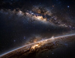 A detailed cosmic vista featuring a planet's edge and the vibrant Milky Way galaxy